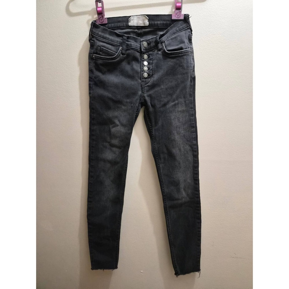 Free People Womens Skinny Jeans Black Faded Button Fly Raw Hem 25R Denim Pants